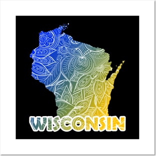 Colorful mandala art map of Wisconsin with text in blue and yellow Posters and Art